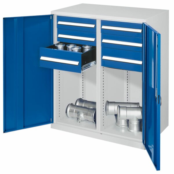 Schwerlast-Beistellschrank Modell 74 1110 x 1000 x 600 mm RAL 7035/5010. Mit Mitteltrennwand Vollblechtüren 4 Schubladen H 125 mm 2 Schubladen 175 mm.