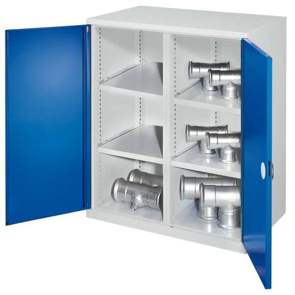 Schwerlast-Beistellschrank Modell 75 1110 x 1000 x 600 mm RAL 7035/5010. Mit Mitteltrennwand Doppelwandtüren 2 Fachböden links 2 Fachböden rechts