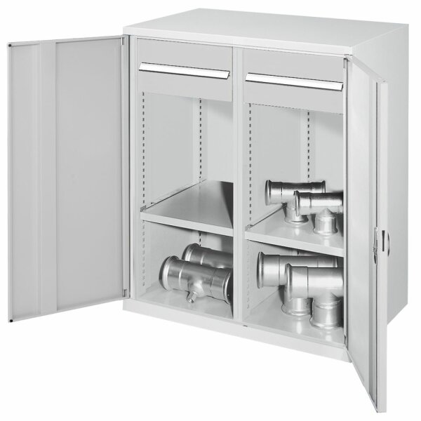 Schwerlast-Beistellschrank Modell 76 1110 x 1000 x 600 mm RAL 7035. Mit Mitteltrennwand Vollblechtüren 1 Fachboden links 1 Fachboden rechts 2 Schubladen H 175 mm.