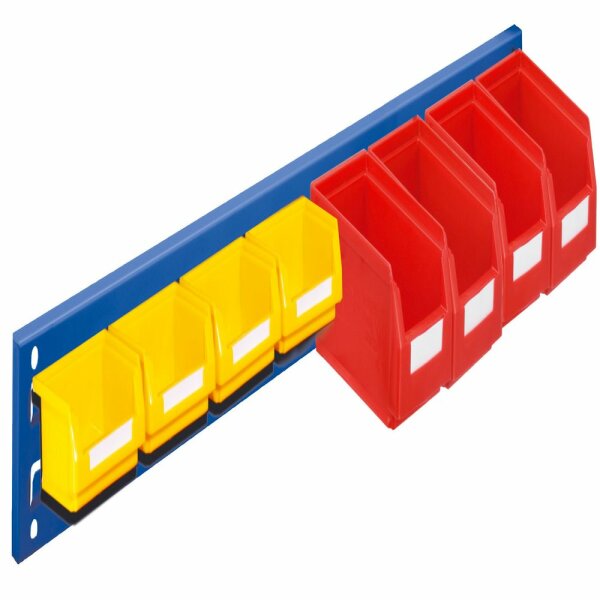 ®RasterPlan Wandschiene Schlitzplatte Set 14 L 920 mm x H 100 mm RAL 5010. 4 x Lagersichtkästen Größe 7 4 x Lagersichtkästen Größe 8.