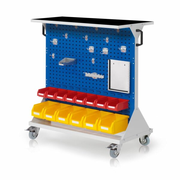 RasterMobil Gr. 3 RAL 7035/5010 H1270 x B1000 x T500 mm. 1 x Auflageboden aus Stahlblech inkl. Riffelgummimatte 1 x Werkzeughaltersort. 15-teilig 1 x Formularhalter A4 6 x Lagersichtkästen Größe 68 x Lagersichtkästen Größe 7.