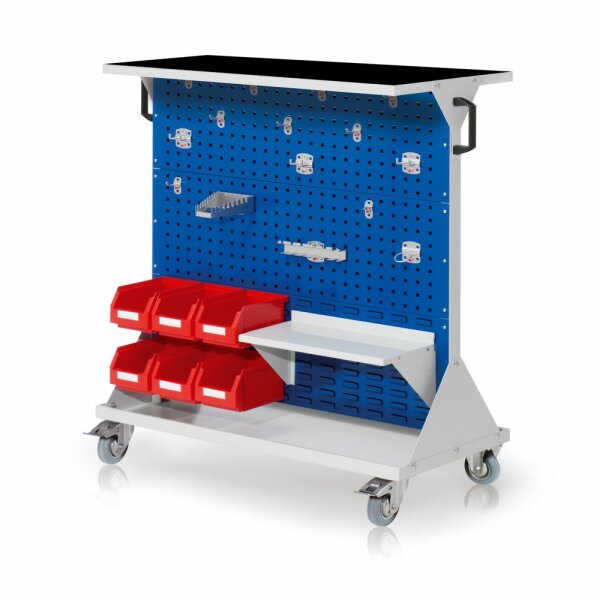 RasterMobil Gr. 3 RAL 7035/5010 H 1270 x B 1000 x T 500 mm. 1 x Auflageboden aus Stahlblech inkl. Riffelgummimatte 1 x Werkzeughaltersort. 15-teilig 1 x Stahlboden 450 mm 6 x Lagersichtkästen Größe 6.