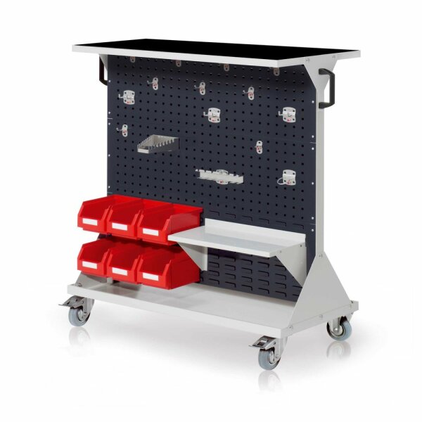 RasterMobil Gr. 3 RAL 7035/7016 H1270 x B1000 x T500 mm. 1 x Auflageboden aus Stahlblech inkl. Riffelgummimatte 1 x Werkzeughaltersort. 15-teilig 1 x Stahlboden 450 mm 6 x Lagersichtkästen Größe 6.