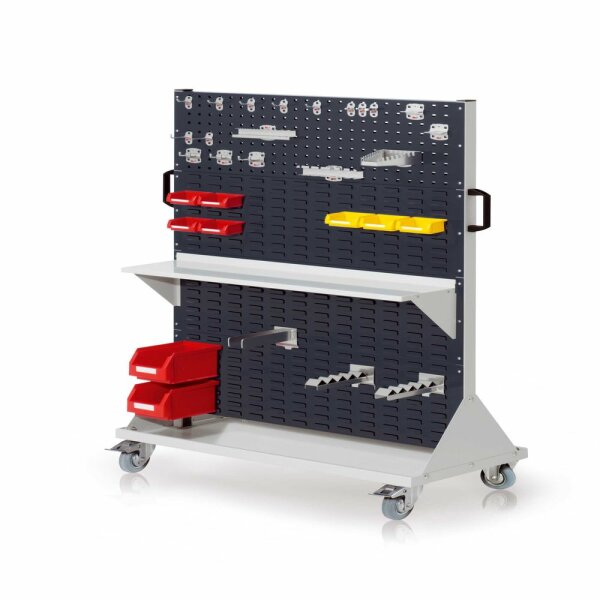 RasterMobil Gr. 4 RAL 7035/7016 H1580 x B1000 x T500 mm. 1 x Werkzeughaltersort. 18-teilig 1 x Stahlboden 950 mm 1 x Gabelträger 2 x Wellenträger 2 x Lagersichtkästen Größe 6 7 x Lagersichtkästen Größe 8.