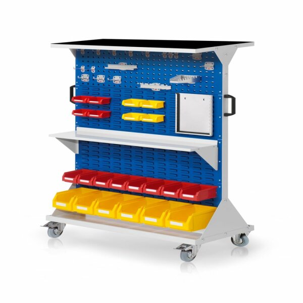 RasterMobil Gr. 4 RAL 7035/5010 H1620 x B1000 x T500 mm. 1 x Auflageboden aus Stahlblech inkl. Riffelgummimatte  1 x Werkzeughaltersort. 18-teilig 1 x Stahlboden 950 mm 1 x Formularhalter A4 6 x Lagersichtkästen Größe 6 8 x Lagersichtkästen Größe 7,