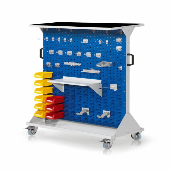 RasterMobil Gr. 4 RAL 7035/5010 H1620 x B1000 x T500 mm. 1 x Auflageboden aus Stahlblech inkl. Riffelgummimatte 1 x Werkzeughaltersort. 28-teilig 1 x Stahlboden 450 mm 1 x Universalhalter 2 x Dornträger 9 x Lagersichtkästen Größe 7.