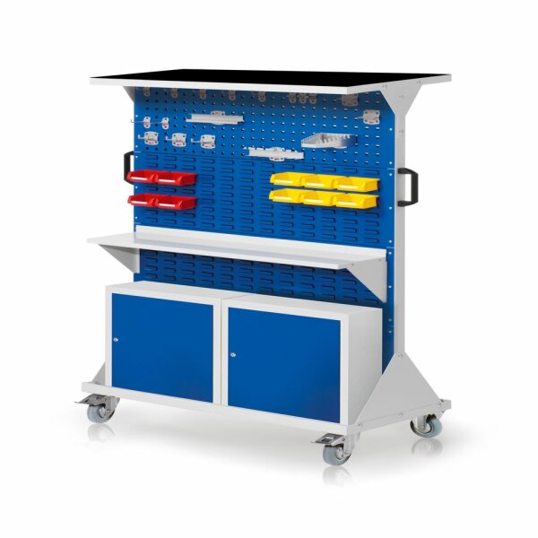 RasterMobil Gr. 4 RAL 7035/5010 H1620 x B1000 x T500 mm. 1 x Auflageboden aus Stahlblech inkl. Riffelgummimatte 1 x Werkzeughaltersort. 18-teilig 1 x Stahlboden 950 mm  2 x Einhängeschränke 10 x Lagersichtkästen Größe 8.