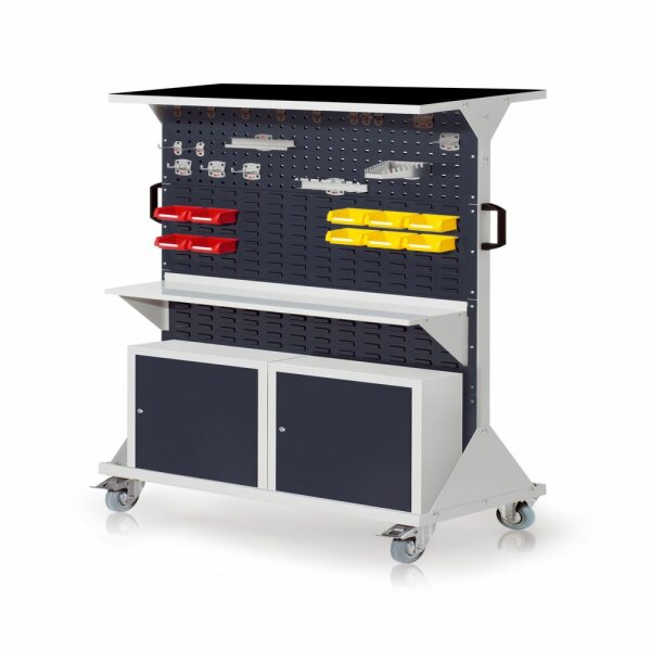 RasterMobil Gr. 4 RAL 7035/7016 H1620 x B1000 x T500 mm. 1 x Auflageboden aus Stahlblech inkl. Riffelgummimatte 1 x Werkzeughaltersort. 18-teilig 1 x Stahlboden 950 mm  2 x Einhängeschränke 10 x Lagersichtkästen Größe 8.