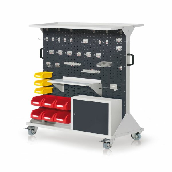 RasterMobil Gr. 4 RAL 7035/7016 H1620 x B1000 x T500 mm. 1 x Auflageboden aus Stahlblech 1 x Werkzeughaltersort. 28-teilig 1 x Stahlboden 450 mm 1 x Universalhalter,1 x Einhängeschrank 6 x Lagersichtkästen Größe 6 3 x Lagersichtkästen Größe 7.