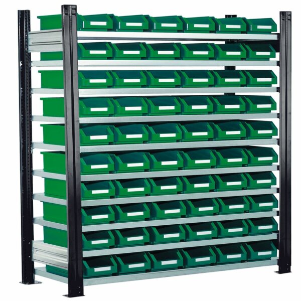 ®RasterPlan Steckregal mit Lagersichtkästen Mod 10 2000 x 1000 x 300 mm GF RAL 7016. Inklusiv 60 x Größe 5.