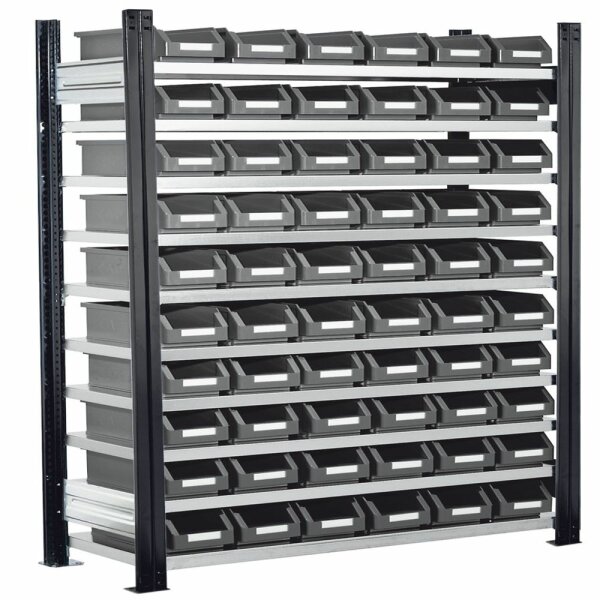 ®RasterPlan Steckregal mit Lagersichtkästen Mod 11 2000 x 1000 x 300 mm GF RAL 7016. Inklusiv 60 x Größe 6.