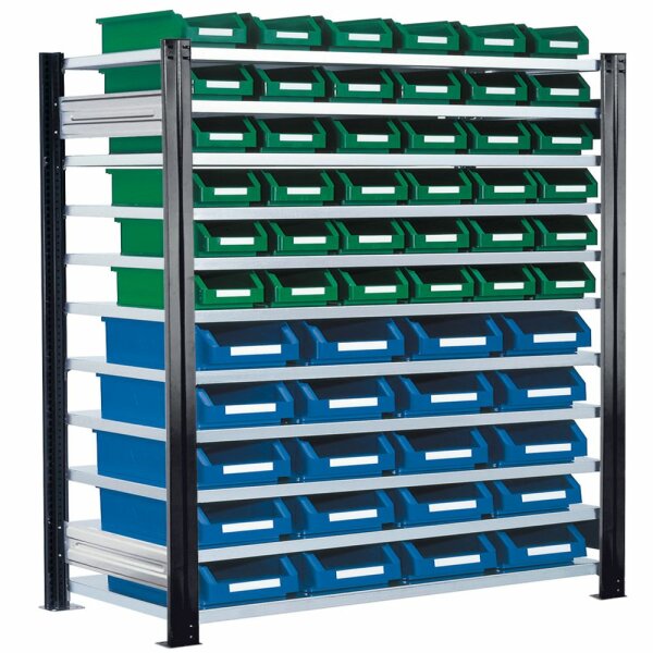 ®RasterPlan Steckregal mit Lagersichtkästen Mod 14 2000 x 1000 x 400 mm GF RAL 7018. Inklusiv 20 x Größe 4  36 x Größe 5.