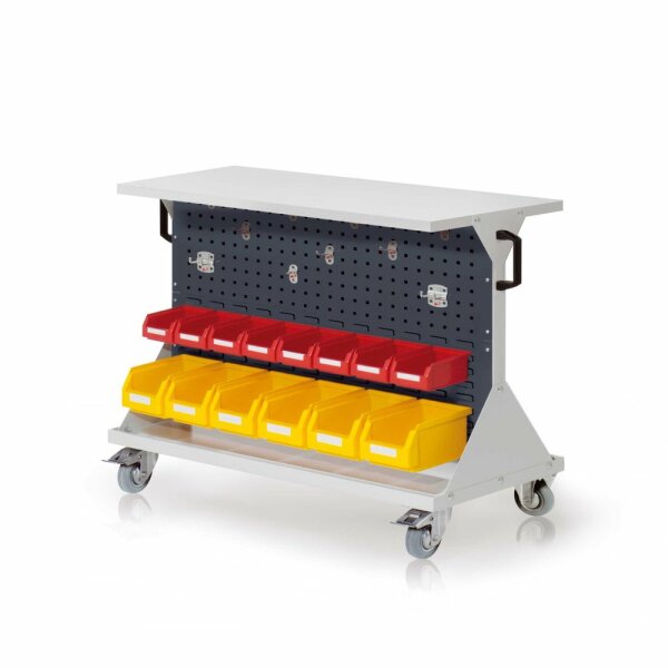 RasterMobil Gr. 2 RAL 7035/7016 H 930 x B 1000 x T 500 mm. 1 x Ablageboden aus Stahlblech 1 x Werkzeughaltersort. 10-teilig 6 x Lagersichtkästen Größe 6 8 x Lagersichtkästen Größe 7.
