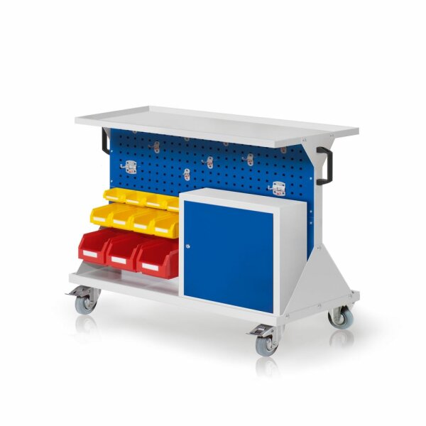 RasterMobil Gr. 2 RAL 7035/5010 H 930 x B 1000 x T 500 mm. 1 x Auflageboden aus Stahlblech 1 x Werkzeughaltersort. 10-teilig 1 x Einhängeschrank 3 x Lagersichtkästen Größe 6 4 x Lagersichtkästen Größe 7 4 x Lagersichtkästen Größe 8.