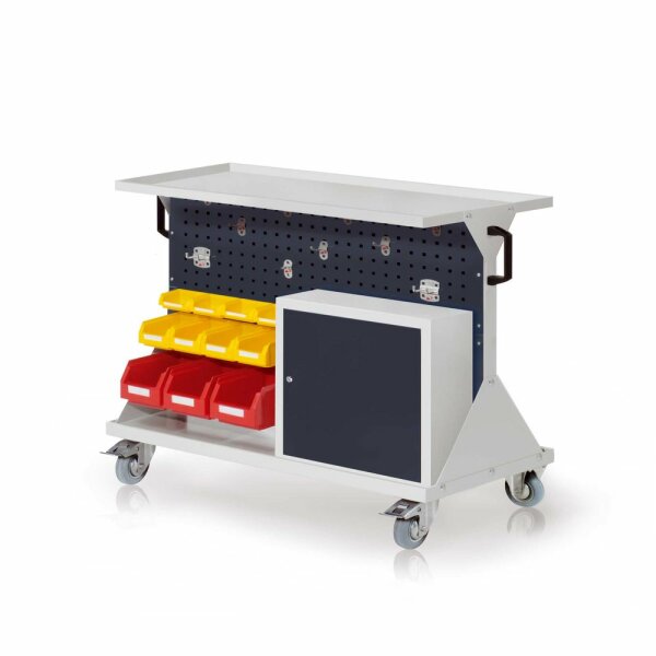 RasterMobil Gr. 2 RAL 7035/7016 H 930 x B 1000 x T 500 mm. 1 x Auflageboden aus Stahlblech 1 x Werkzeughaltersort. 10-teilig 1 x Einhängeschrank 3 x Lagersichtkästen Größe 6 4 x Lagersichtkästen Größe 7 4 x Lagersichtkästen Größe 8.