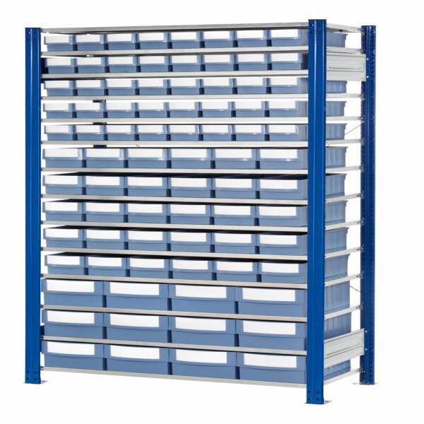 ®RasterPlan Steckregal mit Volumenkästen Modell 33 2000 x 1000 x 400 mm GF.  Inklusiv 40 Stück 400 x 113 x 85 mm 30 Stück 400 x 153 x 105 mm 12 Stück 400 x 235 x 145 mm taubenblau.
