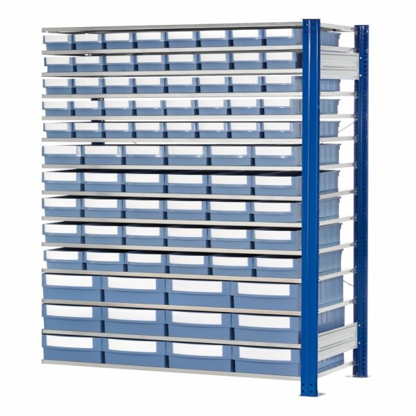 ®RasterPlan Steckregal mit Volumenkästen Modell 33 2000 x 1000 x 400 mm AF.  Inklusiv 40 Stück 400 x 113 x 85 30 Stück 400 x 153 x 105 mm 12 Stück 400 x 235 x 145 mm taubenblau.