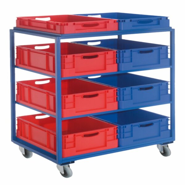 Beistell- und Kommissionierwagen RAL5010 Modell 37. Inklusive Transportbehälter: 2 x 600 x 400 x 120 mm 6 x 600 x 400 x 220 mm.
