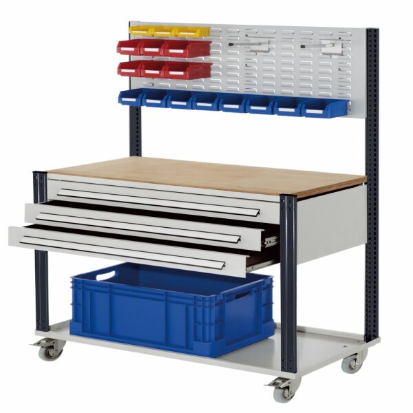 Mobile Arbeitsstation RAL 7035/7016 1730 x 1000 x 500 mm 3 Schubladen Schlitzplatte.