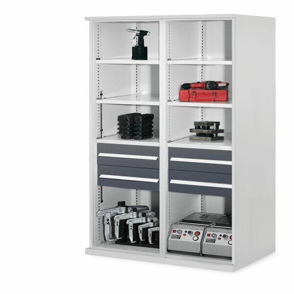 Schwerlastregal Mod. 52 MMT 1950 x 1000 x 600 mm RAL 7035/ 7016. 4 Schubladen H 175 mm RAL 7016 3 Fachböden links verzinkt 3 Fachböden rechts verzinkt.