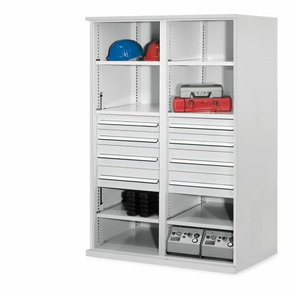 Schwerlastregal Mod. 54 MMT 1950 x 1000 x 600 mm RAL 7035. 4 Schubladen H 100 mm RAL 7035 4 Schubladen H 175 mm RAL 7035 3 Fachböden links verzinkt 3 Fachboden rechts verzinkt.