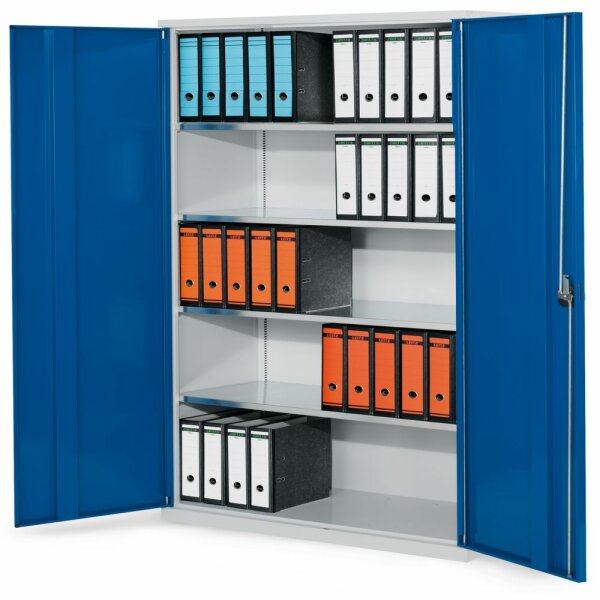 Systemschrank Serie 500 RAL 7035/5010 H1950 x B1000 x T500 mm.. Vollblechtüren 4 Fachböden verzinkt.