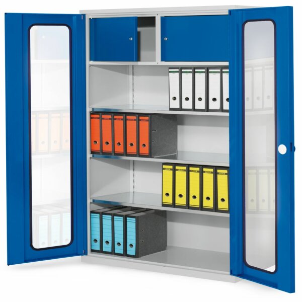 Systemschrank Serie 500 Privatfach H 1950 x B 1000 x T 500 mm RAL 7035/5010. Sichtfenstertüren 3 Fachböden.