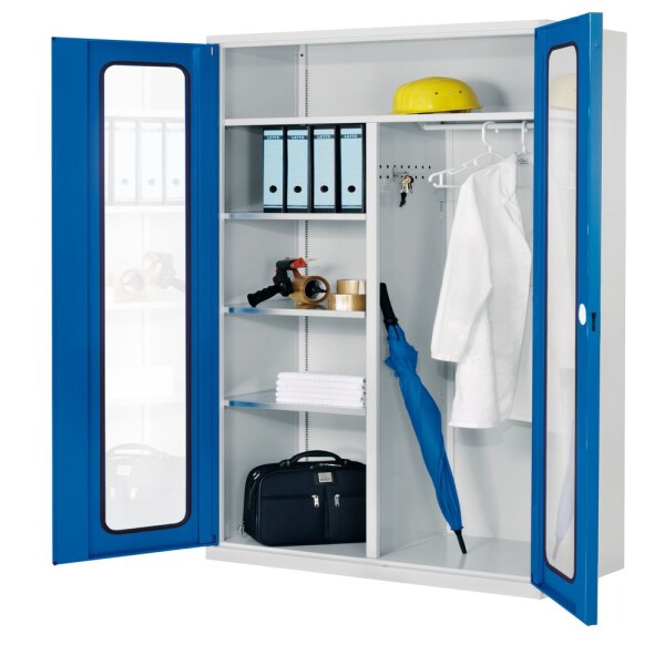 ErgoPlus Akten-/Kleiderschrank H 1950 x B 1000 x T 500 mm RAL 7035/5010. Sichtfenstertüren 3 Fachböden.
