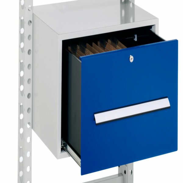 Schublade H 400 mm für Hängemappen RAL 7035/5010. Inklusiv Schienen für ErgoPlus Steharbeitsplatz.