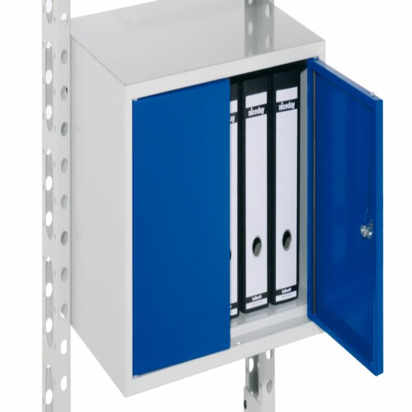 Ordnerschrank H 400 mm schmal RAL 7035/5010. Für ErgoPlus Steharbeitsplatz.