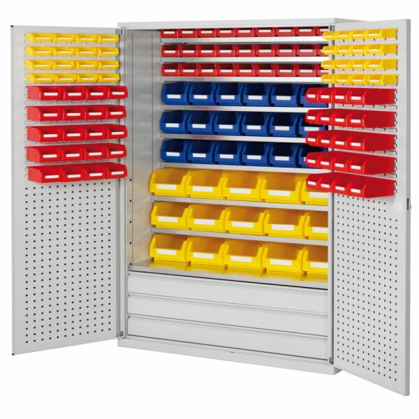 Großraumschrank Modell 20 RAL 7035 1950 x 1130 x 590 mm. Türinnenseite: ®RasterPlan Schlitz-/Lochplatten 3 Schubladen unten inklusiv Lagersichtkasten 15 x Größe 4 21 x Größe 6 70 x Größe 7 32 x Größe 8.