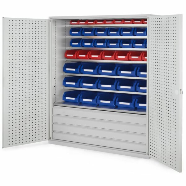 Großraumschrank Modell 25 RAL 7035 1950 x 1130 x 590 mm. Türinnenseite: ®RasterPlan Lochplatten 4 Schubladen unten inklusiv Lagersichtkasten 15 x Größe 4 7 x Größe 5 14 x Größe 6 10 x Größe 7.