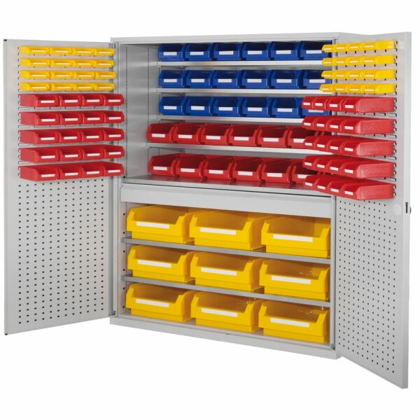 Großraumschrank Modell 31 RAL 7035 1950 x 1130 x 590 mm. Türinnenseite: ®RasterPlan Schlitz-/Lochplatten 1 Schublade mittig inklusiv Lagersichtkasten 9 x Größe 2 14 x Größe 5 21 x Größe 6 40 x Größe 7 32 x Größe 8