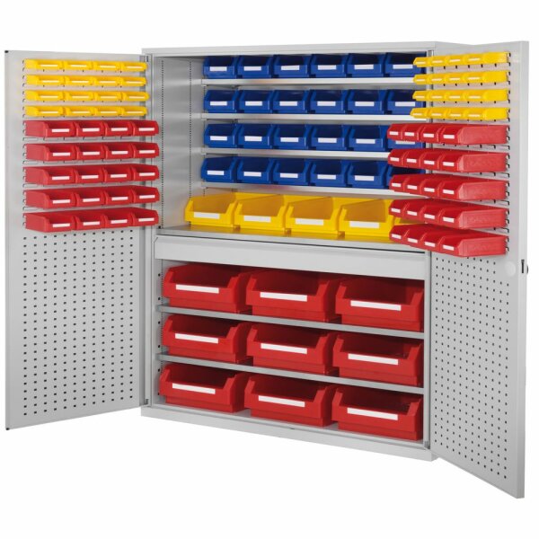 Großraumschrank Modell 30 RAL 7035 1950 x 1130 x 590 mm. Türinnenseite: ®RasterPlan Schlitz-/Lochplatten 1 Schubladen mittig inklusiv Lagersichtkasten 9 x Größe 2 5 x Größe 4 28 x Größe 6 40 x Größe 7 32 x Größe 8.