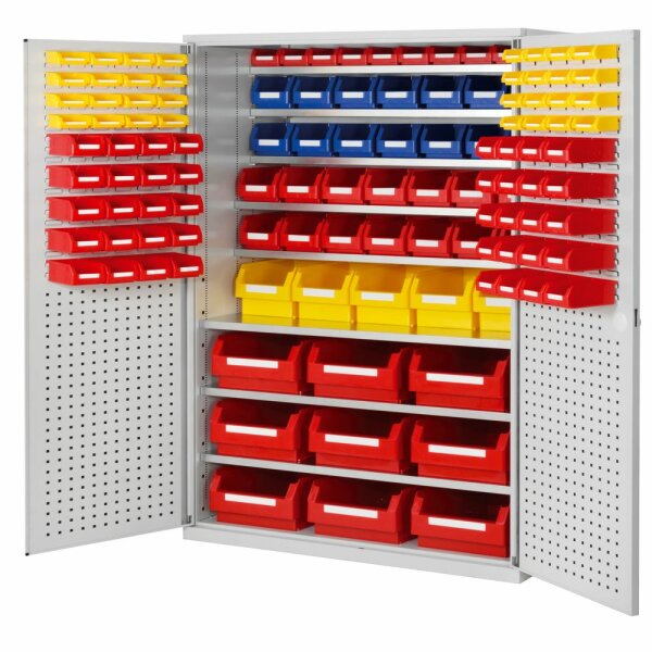 Großraumschrank Modell 14RAL 7035 1950 x 1130 x 590 mm. Türinnenseite: ®RasterPlan Schlitz-/Lochplatten inklusiv Lagersichtkasten 9 x Größe 2 5 x Größe 3 14 x Größe 5 14 x Größe 6 50 x Größe 7 32 x Größe 8.
