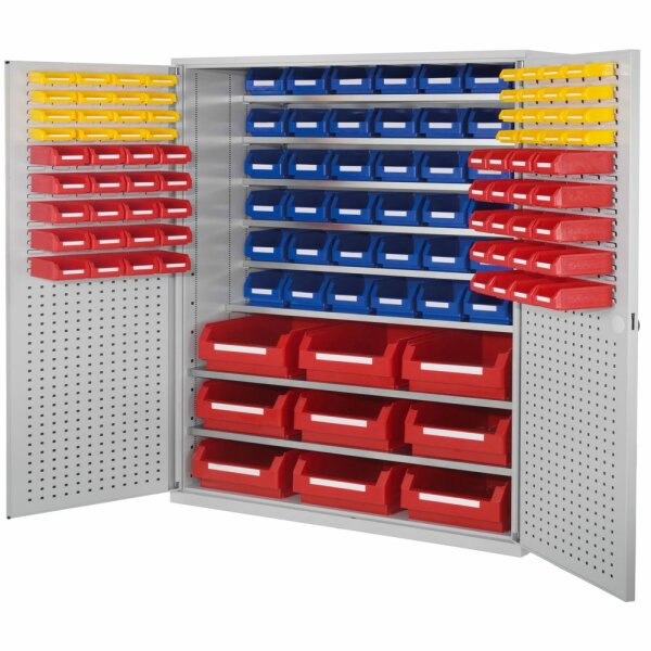 Großraumschrank Modell 10 RAL 7035 1950 x 1130 x 590 mm. Türinnenseite: ®RasterPlan Schlitz-/Lochplatten inklusiv Lagersichtkasten 9 x Größe 2 42 x Größe 6 ,40 x Größe 7 32 x Größe 8