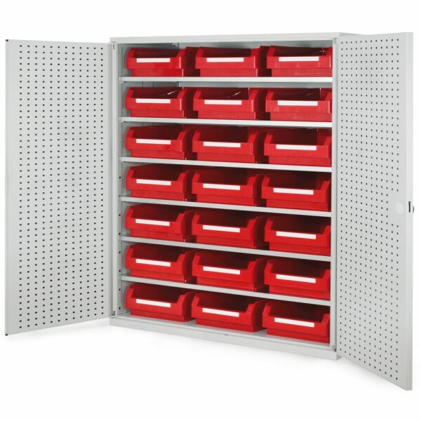 Großraumschrank Modell 13RAL 7035 1950 x 1130 x 590 mm. Türinnenseite: ®RasterPlan Lochplatten inklusiv Lagersichtkasten 21 x Größe 2.