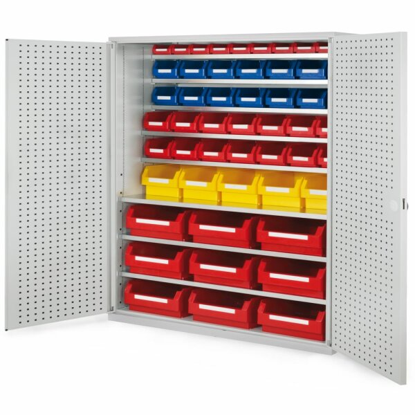 Großraumschrank Modell 14RAL 7035 1950 x 1130 x 590 mm. Türinnenseite: ®RasterPlan Lochplatten inklusiv Lagersichtkasten 9 x Größe 2 5 x Größe 3 14 x Größe 5 14 x Größe 6 10 x Größe 7.
