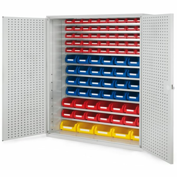 Großraumschrank Modell 12 RAL 7035 1950 x 1130 x 590 mm. Türinnenseite: ®RasterPlan Lochplatten inklusiv Lagersichtkasten 5 x Größe 4 14 x Größe 5 28 x Größe 6 50 x Größe 7.