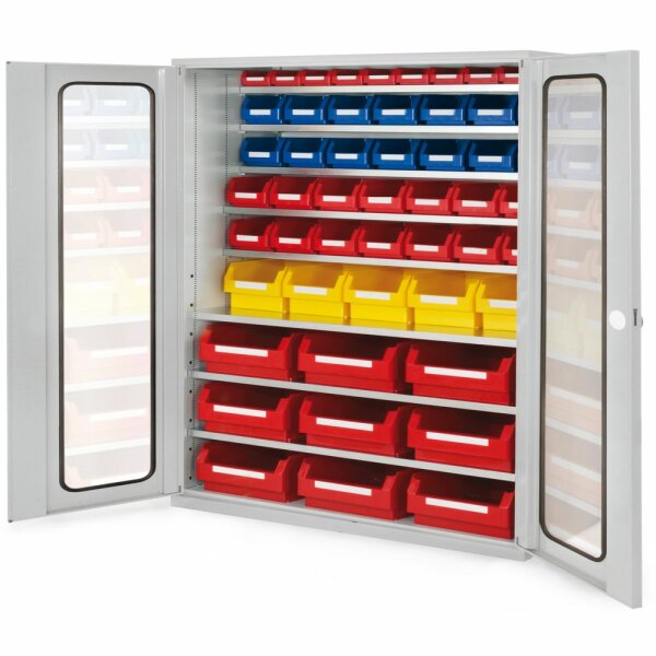 Großraumschrank Modell 14 RAL 7035 1950 x 1130 x 590 mm. Sichtfenstertüren inklusiv Lagersichtkasten 9 x Größe 2 5 x Größe 3 14 x Größe 5 14 x Größe 6 10 x Größe 7.