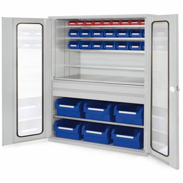 Großraumschrank Modell 37,RAL 7035  1950 x 1130 x 590 mm. Sichtfenster 2 Schubladen mittig inklusiv Lagersichtkasten 6 x Größe 1 14 x Größe 6 10 x Größe 7.