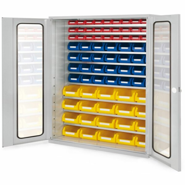 Großraumschrank Modell 11 RAL 7035 1950 x 1130 x 590 mm. Sichtfenstertüren inklusiv Lagersichtkasten 20 x Größe 4 28 x Größe 6 30 x Größe 7.