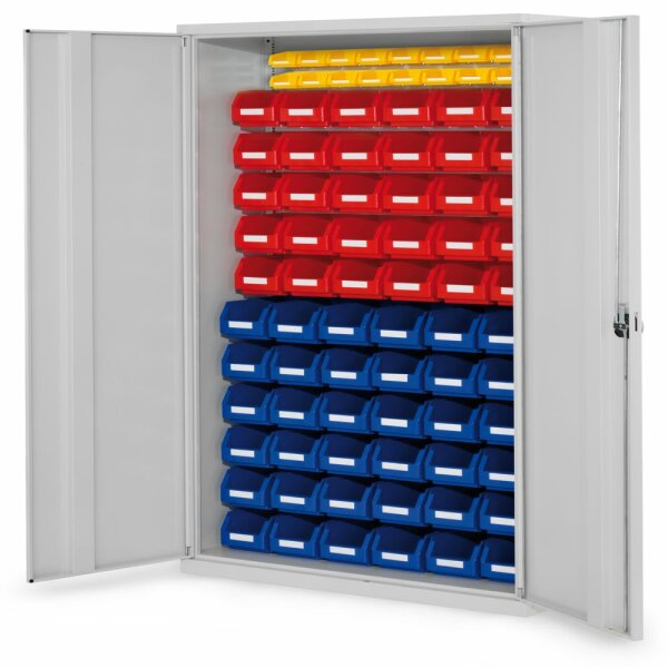 ®RasterPlan Schlitzplattenschrank H1950 x B 1000 x T 410 mm RAL 7035 Modell 58 Vollblechtüren bestückt mit Lagersichtkasten 36 x Größe 5 30 x Größe 6 16 x Größe 8.