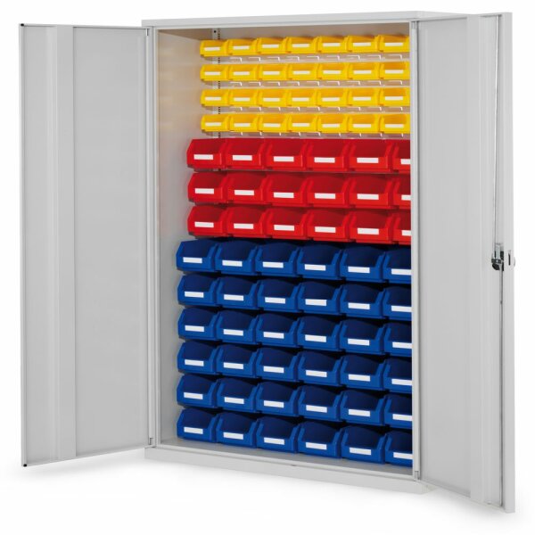 ®RasterPlan Schlitzplattenschrank H1950 x B 1000 x T 410 mm RAL 7035 Modell 55 Vollblechtüren bestückt mit Lagersichtkasten 36 x Größe 5 18 x Größe 6 32 x Größe 7.