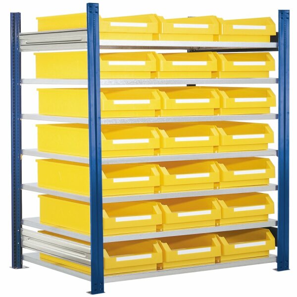 ®RasterPlan Steckregal mit Lagersichtkästen Mod 15 2000 x 1000 x 600 mm GF RAL 5010. Inklusiv 21 x Größe 2.