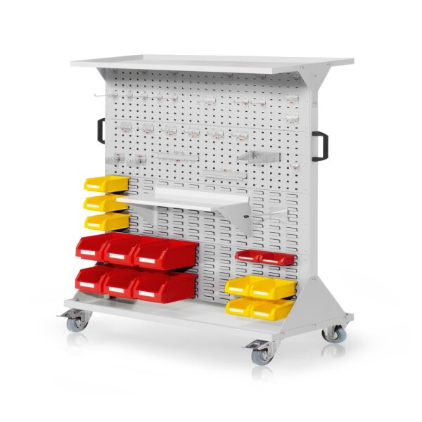 RasterMobil Gr. 4 RAL 7035 H1620 x B1000 x T500 mm. 1 x Auflageboden aus Stahlblech 1 x Werkzeughaltersort. 28-teilig 1 x Stahlboden 450 mm 1 x Universalhalter 6 x Lagersichtkästen Größe 6 7 x Lagersichtkästen Größe 7 2 x Lagersichtkästen Größe 8.