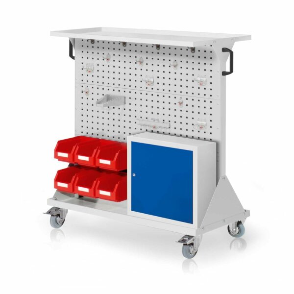 RasterMobil Gr. 3 RAL 7035 H 1270 x B 1000 x T 500 mm. 1 x Auflageboden aus Stahlblech 1 x Werkzeughaltersort. 15-teilig 1 x Einhängeschrank 6 x Lagersichtkästen Größe 6.