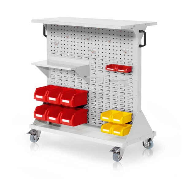 RasterMobil Gr. 3 RAL 7035 H1270 x B1000 x T500 mm. 1 x Ablageboden aus Stahlblech 1 x Werkzeughaltersortiment 10-teilig 1 x Stahlboden 450 mm 2 x Universalhalter 6 x Lagersichtkästen Größe 6 4 x Lagersichtkästen Größe 7 2 x Lagersichtkästen Größe