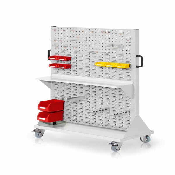 RasterMobil Gr. 4 RAL 7035 H1580 x B1000 x T500 mm. 1 x Werkzeughaltersort. 18-teilig 1 x Stahlboden 950 mm 1 x Gabelträger 2 x Wellenträger 2 x Lagersichtkästen Größe 6 7 x Lagersichtkästen Größe 8.