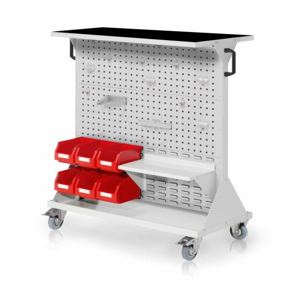 RasterMobil Gr. 3 RAL 7035 H1270 x B1000 x T500 mm. 1 x Auflageboden aus Stahlblech inkl. Riffelgummimatte 1 x Werkzeughaltersort. 15-teilig 1 x Stahlboden 450 mm 6 x Lagersichtkästen Größe 6.
